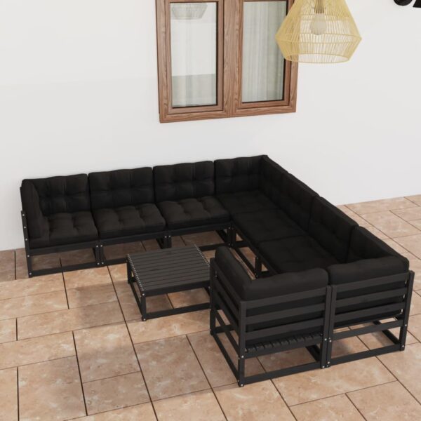 9 Piece Garden Lounge Set with Cushions Black Solid Pinewood