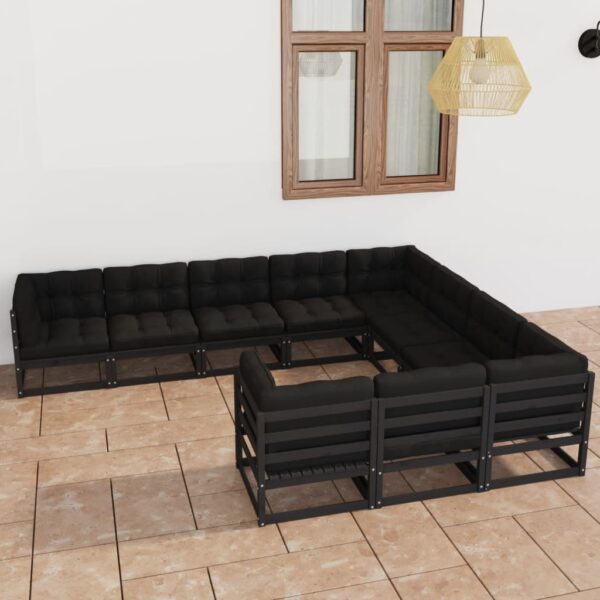 10 Piece Garden Lounge Set with Cushions Black Solid Pinewood