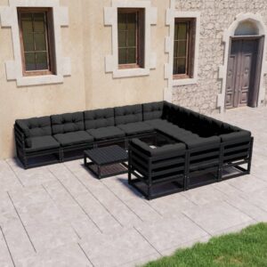 11 Piece Garden Lounge Set with Cushions Black Solid Pinewood