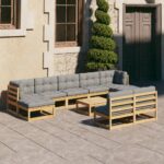 10 Piece Garden Lounge Set with Cushions Solid Pinewood