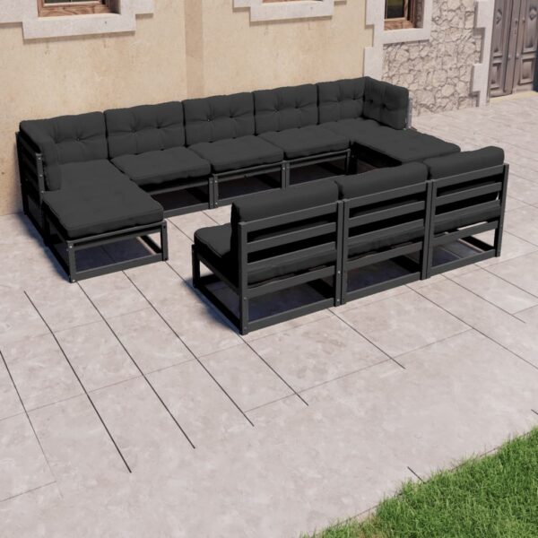 8 Piece Garden Lounge Set with Cushions Black Solid Pinewood