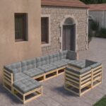 9 Piece Garden Lounge Set with Cushions Solid Pinewood