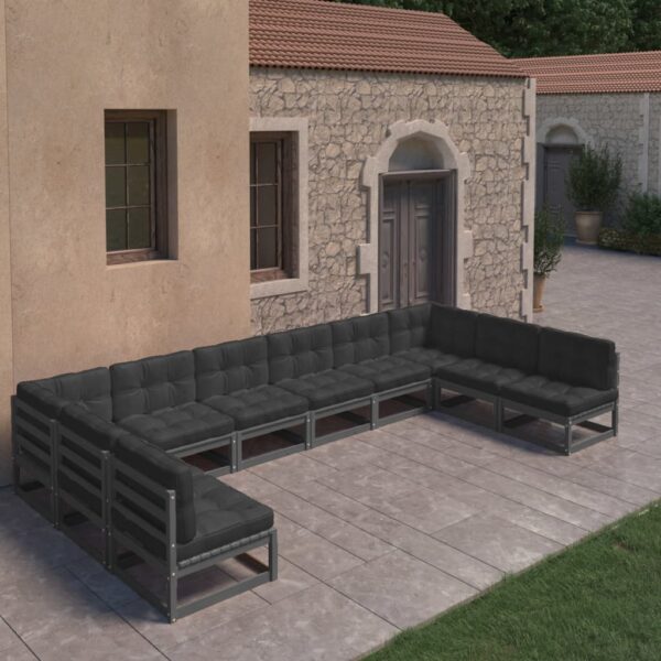 10 Piece Garden Lounge Set with Cushions Black Solid Pinewood