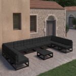 11 Piece Garden Lounge Set with Cushions Black Solid Pinewood