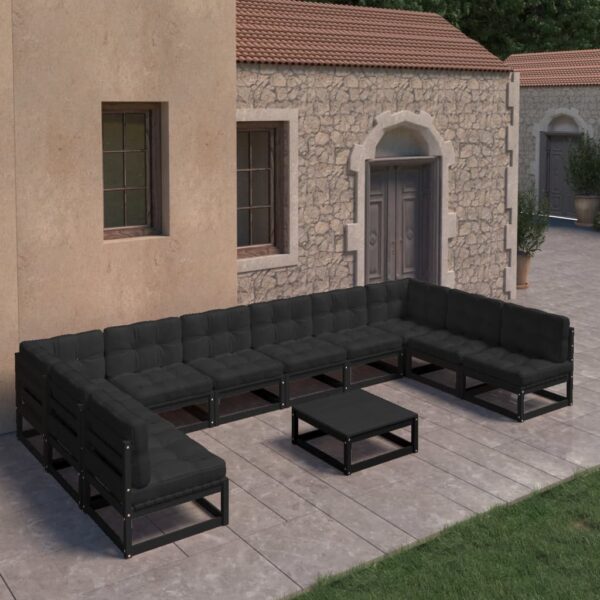 11 Piece Garden Lounge Set with Cushions Black Solid Pinewood