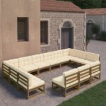 13 Piece Garden Lounge Set&Cushions Honey Brown Solid Pinewood