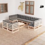 10 Piece Garden Lounge Set with Cushions Solid Pinewood