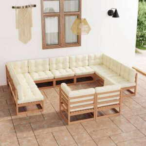 11 Piece Garden Lounge Set&Cushions Honey Brown Solid Pinewood