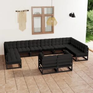 12 Piece Garden Lounge Set with Cushions Black Solid Pinewood