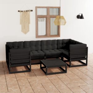 7 Piece Garden Lounge Set with Cushions Black Solid Pinewood