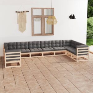 10 Piece Garden Lounge Set with Cushions Solid Pinewood