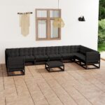 11 Piece Garden Lounge Set with Cushions Black Solid Pinewood