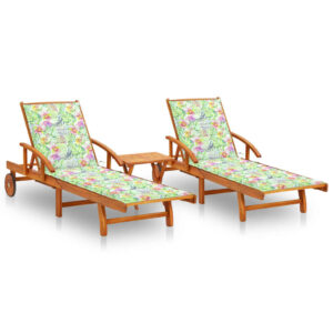 Sun Loungers 2 pcs with Table and Cushions Solid Acacia Wood