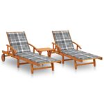 Sun Loungers 2 pcs with Table and Cushions Solid Acacia Wood