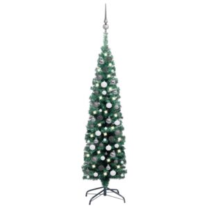 Pre-Lit Slim Green Artificial Christmas Tree LED Lights Festive Home Decor Set