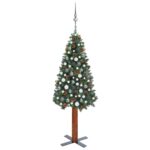 Pre-Lit Slim Green Christmas Tree with LED Lights and Decorative Balls Set