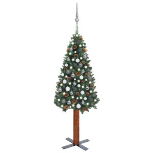 Pre-Lit Slim Green Christmas Tree with LED Lights and Decorative Balls Set