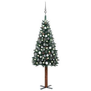 Pre-Lit Slim Green Christmas Tree with Snow Tips LED Lights Festive Decor Set