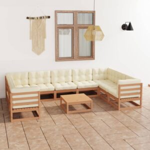 10 Piece Garden Lounge Set&Cushions Honey Brown Solid Pinewood