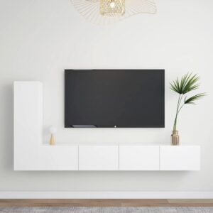 Chic White Floating TV Stand Wall Mount Entertainment Center Wood Storage Set