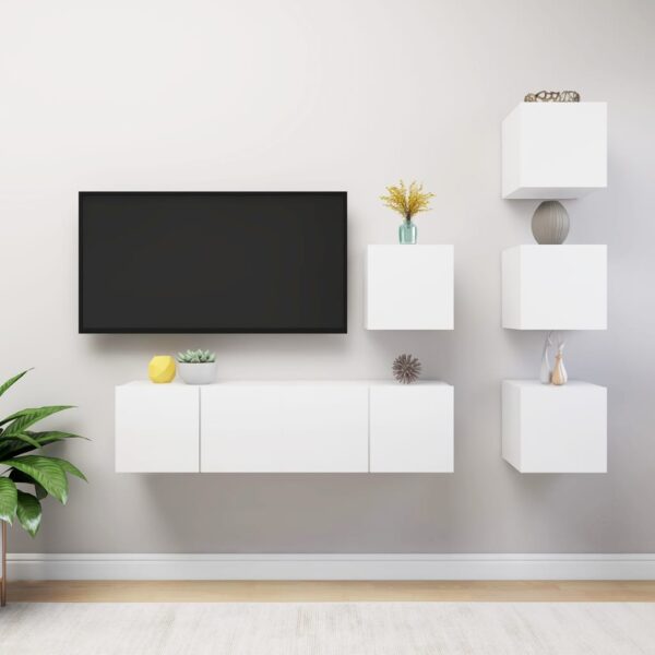 Modern White TV Cabinet Set Wall Mounted Engineered Wood Storage Hifi Unit