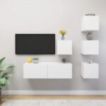 Modern White TV Cabinet Set Wall Mounted Engineered Wood Storage Hifi Unit