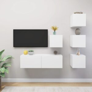 Modern White TV Cabinet Set Wall Mounted Engineered Wood Storage Hifi Unit