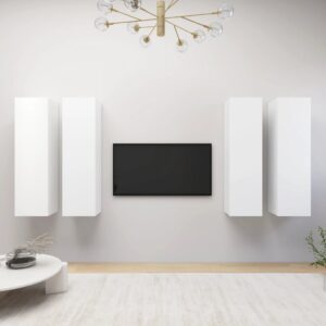 Modern White Wall Mounted TV Cabinet Set with Shelves for Living Room Storage