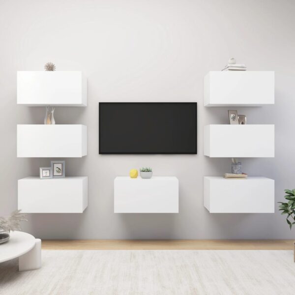 Modern White Wall-Mounted TV Cabinet Set Storage Shelves Engineered Wood