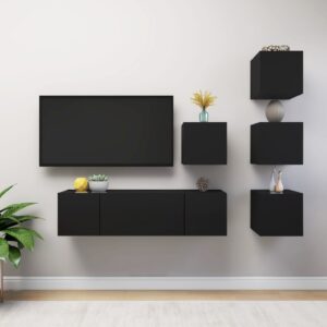 6 Piece TV Cabinet Set Black Engineered Wood