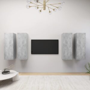 Modern Wall-Mounted TV Cabinet Set Concrete Grey Finish with Storage Shelves