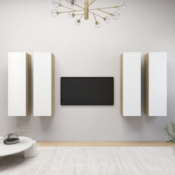 Modern Wall-Mounted TV Cabinet Set White Sonoma Oak Finish Engineered Wood Storage