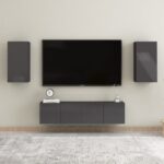 High Gloss Grey TV Cabinet Set Wall Mounted Engineered Wood Storage Units