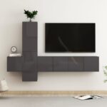 High Gloss Grey Wall Mounted TV Stand Set Engineered Wood Storage Cabinets