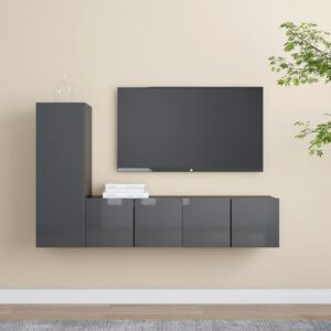 High Gloss Grey Wall Mounted TV Stand Set Engineered Wood Storage Cabinet Organizer