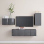 High Gloss Grey Wall Mounted TV Stand Set Storage HiFi Stereo Cabinet Organizer