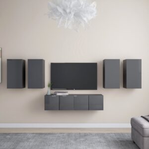 High Gloss Grey Wall Mounted TV Stand Set Storage HiFi Stereo Cabinet Engineered Wood