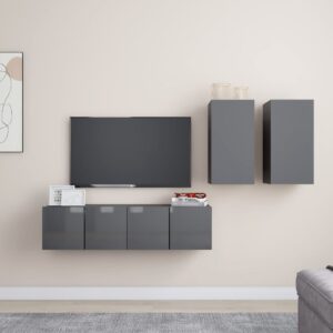 High Gloss Grey Wall Mounted TV Stand Set Storage HiFi Stereo Cabinet Engineered Wood