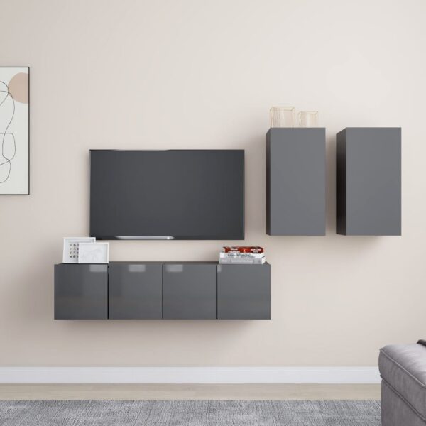 High Gloss Grey Wall Mounted TV Stand Set Storage HiFi Stereo Cabinet Engineered Wood