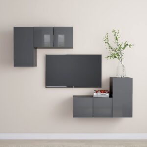 High Gloss Grey Wall Mounted TV Stand Set Storage HiFi Stereo Cabinet Organizer