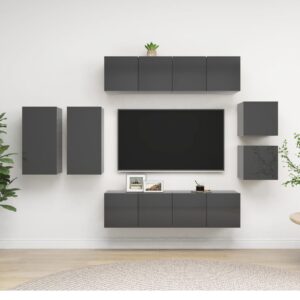 8 Piece TV Cabinet Set High Gloss Grey Engineered Wood