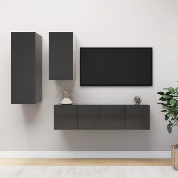 High Gloss Grey Wall Mounted TV Cabinet Set Engineered Wood Storage Organizer