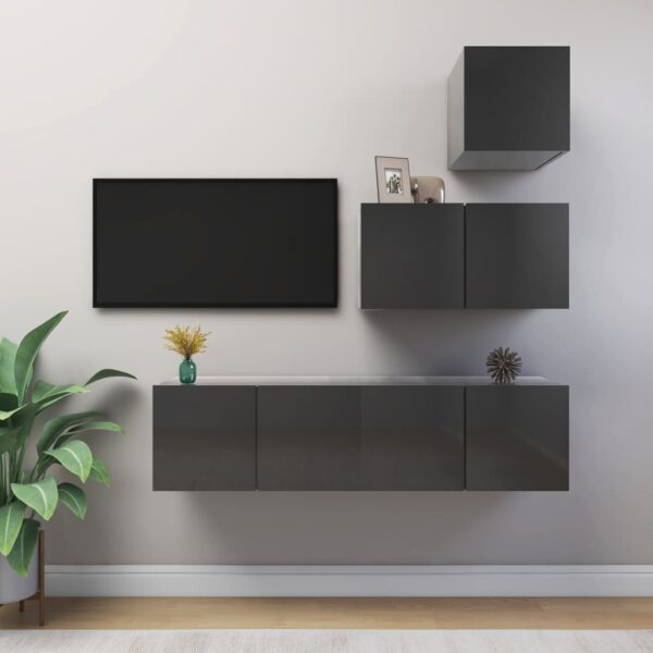 High Gloss Grey Engineered Wood TV Cabinet Set Wall Mounted Storage Modern Design