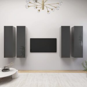 High Gloss Grey Wall Mounted TV Cabinet Set with Shelves Engineered Wood