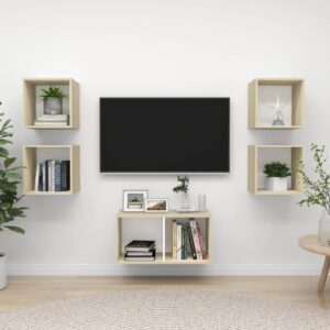 Chic White Sonoma Oak Wall Mounted TV Stand Storage Cabinet Set Modern Design