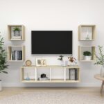 Chic White Sonoma Oak Finish Wall Mounted TV Stand Storage Cabinet Set Organizer