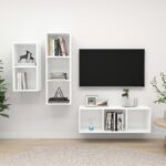 Chic White Floating TV Stand Wall Mount Entertainment Center Wood Storage Set