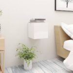 High Gloss White Bedside Cabinet Wall Mounted Storage Nightstand Engineered Wood