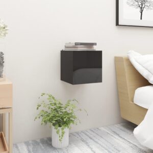 High Gloss Black Bedside Cabinet Wall Mounted Storage Nightstand Engineered Wood