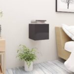 High Gloss Grey Bedside Cabinet Wall Mounted Storage Nightstand Engineered Wood